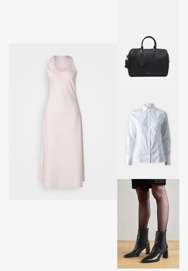 Svetloružové saténové šaty bez rukávov, s hranatým výstrihom a splývavým strihom, ktorý siahá po členky. Hladká textúra.; Biely košeľový top s dlhými rukávmi, špicatým golierom, priliehavým strihom, hladkou bavlnenou tkaninou a predným zapínaním na gombíky.; Čierne kožené členkové topánky s špicatou špičkou, robustný štvorcový opätok a elegantný dizajn. Obsahujú elastické bočné panely pre jednoduché obúvanie.; Čierna faux kožená cestovná taška so zlatým kovovým hardware, dvojitými hornými uchami, nastaviteľným ramenným popruhom a odnímateľnou kapsičkou na štítok.
