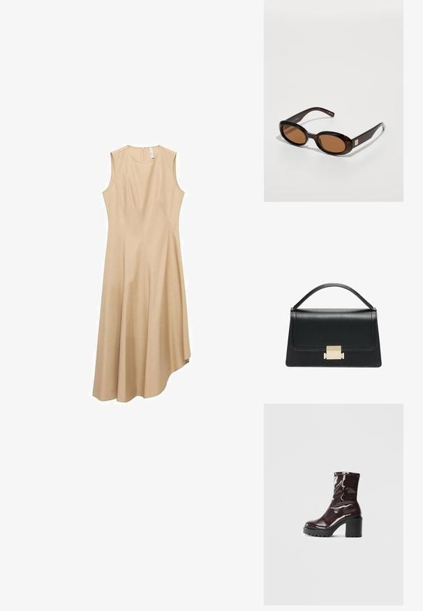 Krémové bezramínkové šaty se strukturovaným designem, s kulatým výstřihem, asymetrickým lemem a hladkým povrchem.; Lesklá bordó kotníková bota s masivním černým podpatkem, se hladkým povrchem a jednoduchým designem. Žádné viditelné zapínání ani vzory.; Hnědé želvovinové sluneční brýle s oválnými čočkami, tenkým rámem a malým kovovým akcentem na boku. Texturovaný a lesklý povrch.; Černá kožená kabelka se strukturovaným designem, horním uchopením a zlatým kovovým zapínáním na přední straně. Hladký povrch, minimální švy.