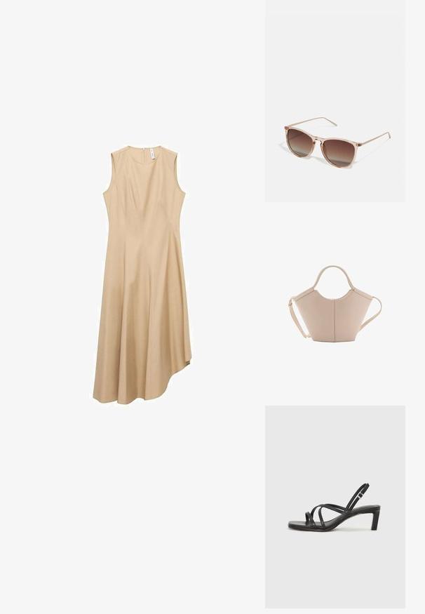 Beige ilmanhihais dressi, jossa on rakenteellinen muotoilu, pyöristetty pääntie, epäsymmetrinen helma ja sileä kangas.; Mustat hihnalligat, joissa on neliön muotoinen kärki ja matala lohkokorko. Ominaisuuksiin kuuluu useita ohuita hihnoja ja säädettävä nilkkahihna. Valmistettu sileästä nahasta.; Ruskean sävyinen aurinkolasimalli, jossa on läpikuultava vaaleanpunainen runko, neliömäinen muoto ja ohuet metalliset varret. Lasimallissa on pyöristetyt reunat ja minimaalinen yksityiskohtaisuus.; Vaaleanbeige nahkainen käsilaukku, jossa on ainutlaatuinen muoto, varustettuna kahdella lyhyellä kahvalla ja yhdellä pitkällä säädettävällä hihnalla. Sujuva pinta ja vähän metalliosia.