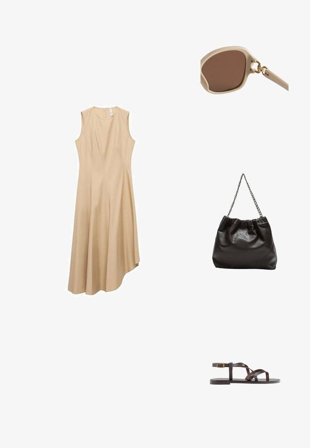 Beige ärmlös klänning med en strukturerad design, som har en rund halsringning, asymmetrisk nederkant och en mjuk textur.; Bruna lädersandaler med korsade remmar, spänne runt vristen och en platt sula med minimala sömnadsdetaljer.; Ljusbeige solglasögon med bruna linser, rundad fyrkantig ram, guldaccenter vid gångjärnet och ljus texturerade skalmar.; Brun läderväska med rynkad topp och kedjesnodd. Slät textur med en blankslipad yta och subtila sömdetaljer på sidorna.
