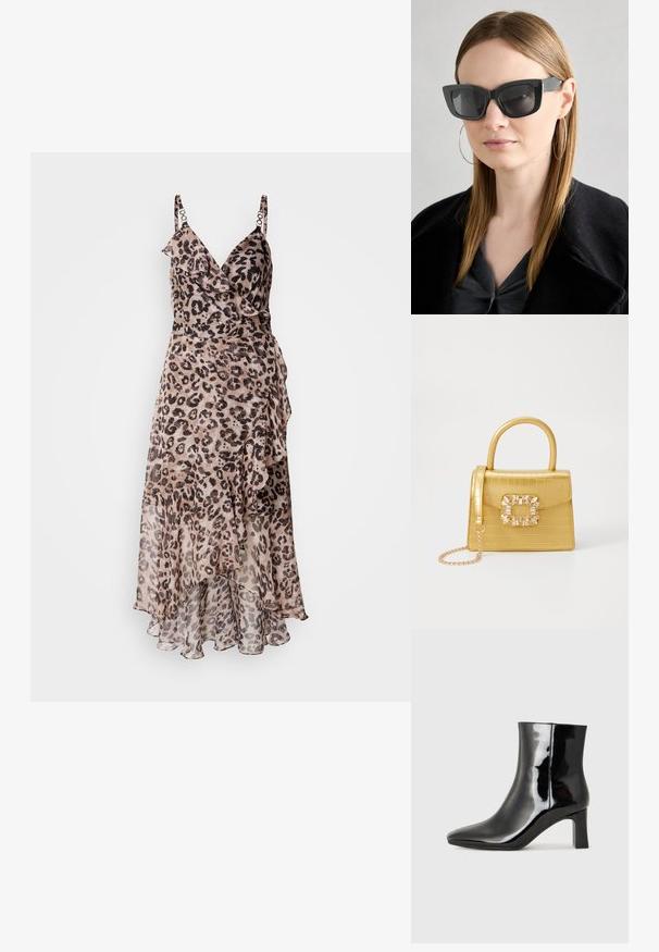 Sukienka w panterkę z falbanami, z regulowanymi ramiączkami i swobodnym dołem. Wykonana z lekkiej tkaniny w beżowych i brązowych odcieniach.; Czarne lakierowane botki za kostkę z wysmukłym noskiem i średniej wysokości obcasem w kształcie słupka. Gładka tekstura i minimalistyczny design.; Czarne okulary w kocim kształcie z ciemnymi soczewkami, grubymi oprawkami i subtelnymi akcentami. Noszone z czarnym płaszczem i szarym topem, z długimi prostymi włosami.; Żółta torebka z faux-krokodylka o wyrafinowanej konstrukcji, z górnym uchwytem, odpinanym łańcuszkiem oraz dekoracyjnym kryształowym zdobieniem na zapięciu.