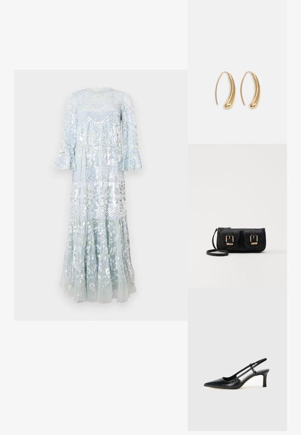 Lång, ljusblå klänning med intrikata blommönster och paljetter, med volangärmar och en tärnad kjoldesign.; Svart lackskin slingback-häl med spetsig tå, med texturerad ormskinnsprint, justerbar rem och en kort, texturerad blockklack.; Svart läderaxelväska med två framfickor, guldspännen, dragkedjestängning och en smal rem. Texturerad yta och kompakt rektangulär form.; Guldtonade metallörhängen i en kurvad, avlång form. Har en slät, glänsande yta och en rundad spets för en extra detalj.
