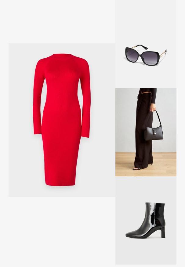 Crvena rebrasta haljina dugih rukava s lažnim ovratnikom, uskim siluetom i midi dužinom; sadrži teksturu i blagu rastegljivost.; Crne lakirane kožne gležnjače s šiljastim prstom i srednje visokom blok petom. Glatka tekstura i minimalistički dizajn.; Crne prevelike sunčane naočale s gradijentnim lećama, debelim okvirom i zlatnim lancem kao detaljem na krakovima.; Crna torba s oblikom koji sadrži strukturu, glađu teksturu i metalnu kopču. Uparena s širokim crnim hlačama i sandalama na otvorenom s drvenog poda.