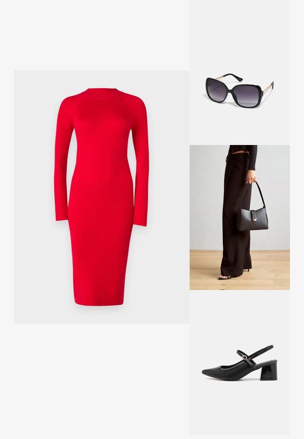 Robe rouge à manches longues côtelées avec un col montant, silhouette ajustée et longueur midi ; présente une texture et un léger stretch.; Escarpins slingback en cuir verni noir avec un embout pointu, un design à découpes arrondies et un talon carré. Présente un accent de boucle en ton doré.; Lunettes de soleil noires surdimensionnées avec des verres dégradés, monture épaisse et détails en chaîne dorée sur les branches.; Sac à main noir à la forme structurée, texture lisse et fermoir métallique. Associé à un pantalon noir ample et des sandales ouvertes sur un sol en bois.