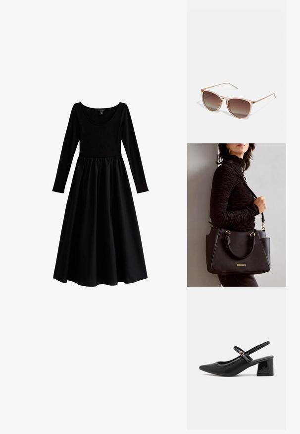 Abito nero con top aderente a maniche lunghe, scollatura rotonda e gonna fluida e arricciata. Realizzato in tessuto liscio con una finitura opaca.; Décolleté in vernice nera con cinturino dietro, punta affusolata, design con ritagli arrotondati e tacco a blocco. Presenta un accento di fibbia tono oro.; Occhiali da sole con gradiente marrone e una montatura traslucida rosa, forma quadrata e aste in metallo sottili. Presentano bordi arrotondati e dettagli minimali.; Borsa nera con superficie texturizzata, manici superiori doppi e tracolla regolabile. Dotata di hardware color oro e tasche laterali.