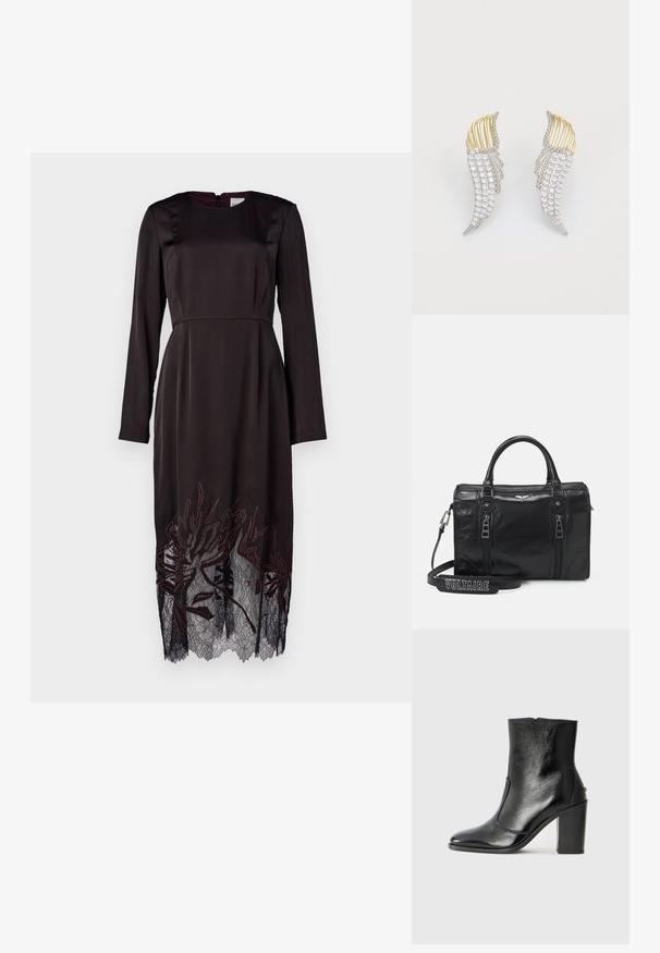 Μαύρο σατέν φόρεμα με μακριά μανίκια, στρογγυλή λαιμόκοψη, κεντημένη με floral δαντέλα στο τελείωμα και φερμουάρ πίσω. Λείο υλικό, εφαρμοστή σιλουέτα, μέχρι το γόνατο.; Μαύρο δερμάτινο μποτάκι έως τον αστράγαλο με απλή υφή, μυτερή μύτη και χοντρό ψηλό τακούνι. Διαθέτει πλαϊνό άνοιγμα και μινιμαλιστικό σχέδιο.; Μαύρη δερμάτινη τσάντα χειρός με διπλούς φερμουάρ, δομημένο σχέδιο και λαβές στην κορυφή. Περιλαμβάνει αποσπώμενο ιμάντα με κείμενο "VOLTAIRE".; Δύο σκουλαρίκια σε σχήμα φτερών, κατασκευασμένα από μέταλλο σε ασημένιο τόνο με διαυγείς, στρογγυλούς ροζέτες και χρυσές μεταλλικές λεπτομέρειες σε στρωματοποιημένο σχέδιο.