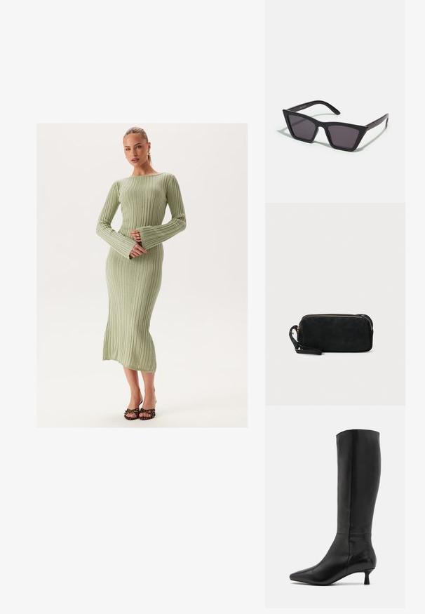 Ribbade långärmade klänning i ljusgrön, med en åtsittande design och utsvängda ärmar, som når mitt på vaden, i kombination med sandaletter med öppen tå.; Zign Stövel - black; Svarta, vinklade solglasögon med grå linser; tillverkade av plast, med tjocka skalmar med en slät yta och utan synlig hårdvara.; Svart mocka clutchväska med dragkedjestängning och avtagbart handledsband. Utrustad med guldfärgad hårdvara och en slät, matt yta.