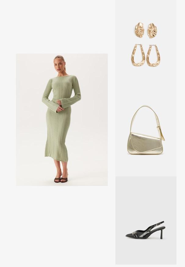 Geripptes langärmliges Kleid in Hellgrün mit einer taillierten Passform und weit schwingenden Ärmeln, das bis zur Mitte der Wade reicht, kombiniert mit offenen Sandalen.; Schwarzer Lackleder Slingback-Schuh mit spitzem Zehenbereich, Knöchelriemen mit silbernen Schnallen und Beschlägen sowie einem schlanken Absatz.; Goldfarbene metallische Handtasche mit strukturiertem Design, glatter Textur und verstellbarem Tragegurt. Sie verfügt über eine einzigartige dreieckige Form und minimalistische Nähte.; Ohrringe in Goldoptik mit strukturierten, gewellten Formen. Beinhaltet skulpturale Clip-Ohrringe und ein offenes Hoop-Design mit gehämmertem Finish.