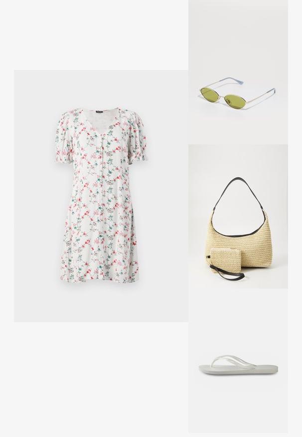 Kwiatowa sukienka na krótki rękaw z lekkiego materiału, z dekoltem w kształcie litery V, zakkładkami i wzorem różowych i niebieskich kwiatów na białym tle.; Białe klapki z teksturowaną podeszwą, z cienkimi paskami i płaskim fasonem. Wykonane z gumy, z subtelnym logo na wkładce.; Oliwkowe okulary przeciwsłoneczne z cienką złotą ramką i niebieskimi akcentami na zausznikach. Owalne soczewki i minimalistyczny design.; Woven straw handbag o zaokrąglonym kształcie, z gładkim czarnym skórzanym paskiem oraz dopasowaną małą sakiewką przypiętą na pasku na nadgarstek.