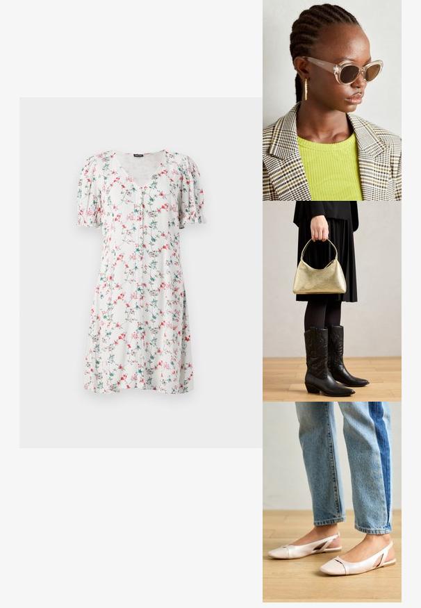 Cvjetna haljina s kratkim rukavima od laganog materijala, s v-izrezom, detaljima gumba i uzorkom ružičastih i plavih cvjetova na bijeloj pozadini.; Svijetlo ružičaste slingback balerinke s šiljastim vrhom, izrađene od glatkog materijala nalik koži. Sadrže izrezane detalje sa strane i ravnu petu.; Prozirne mačkaste sunčane naočale s smešnim lećama i transparentnim okvirom. Manekenka nosi zeleni rebrasti top i karirani blejzer. Zlate kružne naušnice.; Zlatna teksturirana torba s zakrivljenim oblikom i kratkom ručkom, koju drži osoba u crnoj plisiranoj suknji i crnim kožnim kaubojskim čizmama.