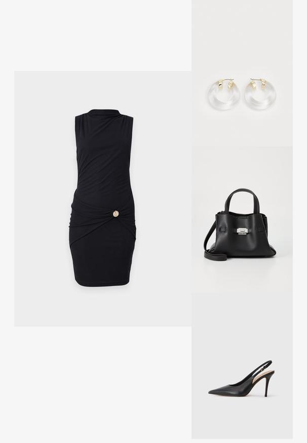 Robe noire sans manches avec un col montant, dotée de fronces à la taille et d'un accent en bouton doré sur le côté. Tissu lisse, design ajusté.; Escarpin à talon haut en cuir noir avec un bout pointu, une texture lisse et une délicate bride avec une boucle métallique.; Sac à main en cuir noir avec une finition texturée, doté de deux poignées supérieures, d'une bandoulière amovible et d'un détail de fermoir en argent.; Boucles d'oreilles en acrylique transparent avec des accents en métal doré et une finition polie. Présente un design circulaire lisse.