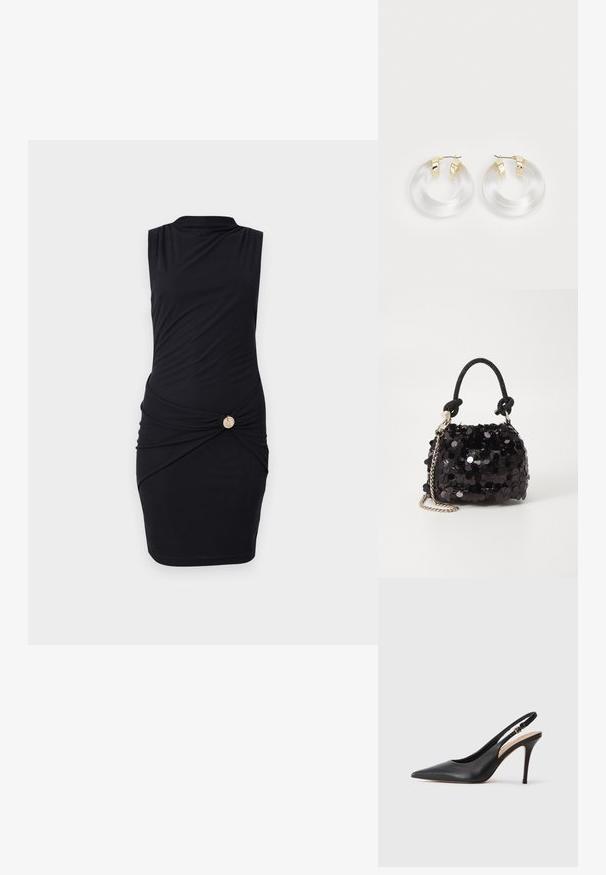 Čierne šaty bez rukávov s vysokým golierom, so zberaním v oblasti pásu a zlatým gombíkom na boku. Hladká tkanina, priliehavý strih.; Čierna kožená sandálová topánka na vysokom podpätku s špicatou špičkou, hladkou textúrou a jemným remienkom s kovovou sponou.; Čierna mini kabelka so štrasom, s uzlovým textúrovaným popruhom a strieborným reťazom. Guľatý tvar s riaseným vrchom a reflexnými detailmi.; Priesvitné akrylové kruhové náušnice so zlatými kovovými akcentmi a lesklým povrchom. Obsahujú hladký, kruhový dizajn.