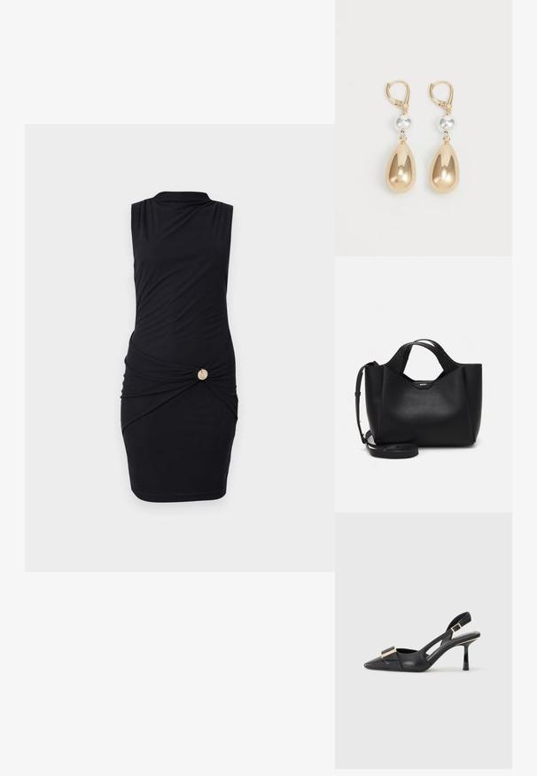 Schwarzes ärmelloses Kleid mit einem hohen Kragen, das an der Taille Raffungen und einen goldenen Knopfakzent an der Seite aufweist. Glattes Material, figurbetonendes Design.; Schwarzer Leder-Slingback-Schuh mit spitzem Zehenbereich, schlankem Absatz und goldfarbener Hardware-Akzent am Vorderfuß. Glatte Textur und strukturierte Form.; Schwarze Lederhandtasche mit strukturiertem Finish, eckiger Form, doppelten Griffen und einem verstellbaren Schultergurt. Mit einem DKNY Logo-Akzent.; Goldfarbene Tropfenohrringe mit einer tränenförmigen Silhouette, die ein glänzendes metallisches Finish und einen silberfarbenen Perlenakzent aufweisen.