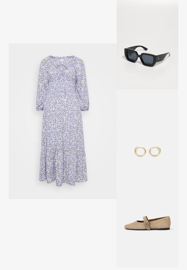 Cvetna obleka z lilastim podlagom, ki ima bele in rumene cvetove. Dolgi rokavi, nabrana izreza in večstopenjski rob. Lahkoten material.; Bež nubuk Mary Jane balerinke s koničastim nosom in eno nastavljivo zanko s srebrno zaponko. Črna ravna podplat.; Črne velike sončne očala z geometrijskim dizajnom, pravokotnimi lečami in sijočo površino. Brez vidne blagovne znamke spredaj.; Zlate uhane v obliki obroča z gladkim, zaobljenim dizajnom. Imajo majhen zatič za zapiranje, težijo k lahkemu izgleda in imajo polirano površino.