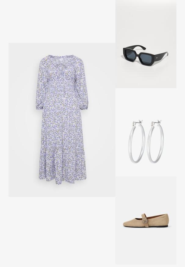 Cvetna obleka z lilastim podlagom, ki ima bele in rumene cvetove. Dolgi rokavi, nabrana izreza in večstopenjski rob. Lahkoten material.; Bež nubuk Mary Jane balerinke s koničastim nosom in eno nastavljivo zanko s srebrno zaponko. Črna ravna podplat.; Črne velike sončne očala z geometrijskim dizajnom, pravokotnimi lečami in sijočo površino. Brez vidne blagovne znamke spredaj.; Srebrni obroči za ušesa z gladko, polirano površino. Okrogla oblika in varna zaponka s klikom. Lahka zasnova, primerna za vsakodnevno nošenje.