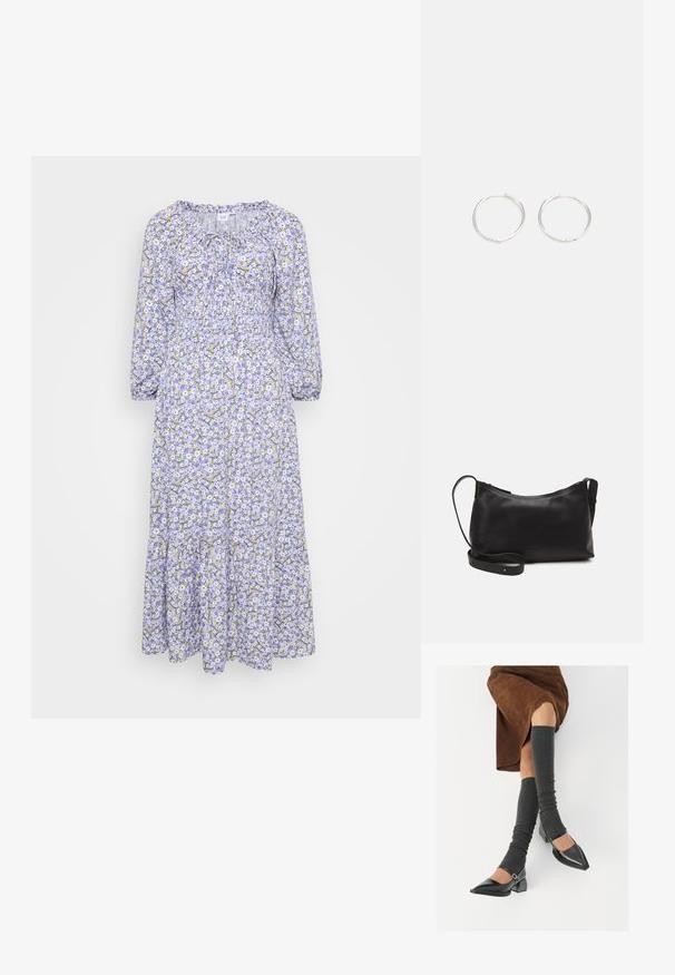 Rochie florală cu bază liliachie, având flori albe și galbene. Mâneci lungi, gât strâns și tiv în straturi. Material ușor.; Pantofi negri din piele lacuită, cu vârful ascuțit, toc bloc și curea la glezna, asortați cu jambiere gri cu nervuri și o fustă din suede maro.; Geantă de umăr din piele neagră, cu o textură netedă, formă curbată, curea ajustabilă și închidere cu fermoar. Design minimalist, fără embellishments.; Cercei din argint cu un design elegant și rotund, având o suprafață netedă și fără embellismente vizibile. Diametrul nu este specificat.