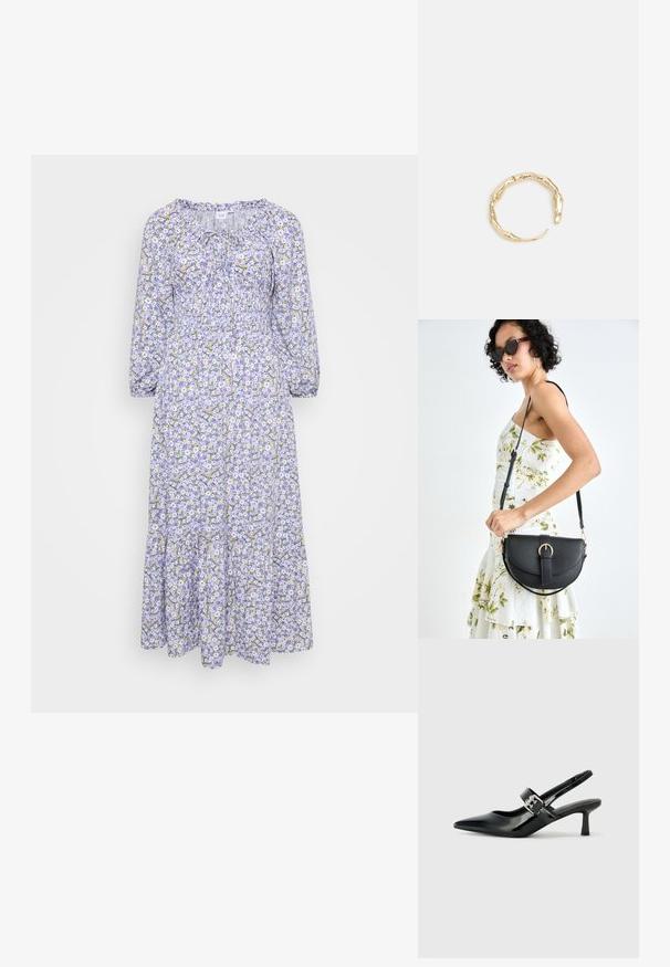 Cvjetna haljina s lila podlogom, koja ima bijele i žute cvjetove. Dugi rukavi, nabran dekolte i slojeviti rub. Lagana tkanina.; Crne lakirane slingback potpetice s oštrim prstom i malom blok petom, s naglaskom na srebrnoj kopči na remenu.; Crna kožna torba s lukovitim oblikom, odvojivim remenom i zlatnim detaljima. Torba ima preklop s kopčom.; Prsten u zlatnoj nijansi s organskim, uvijenim dizajnom, glatkom teksturom i suženim krajevima, koji stvara moderan, skulpturalni izgled.