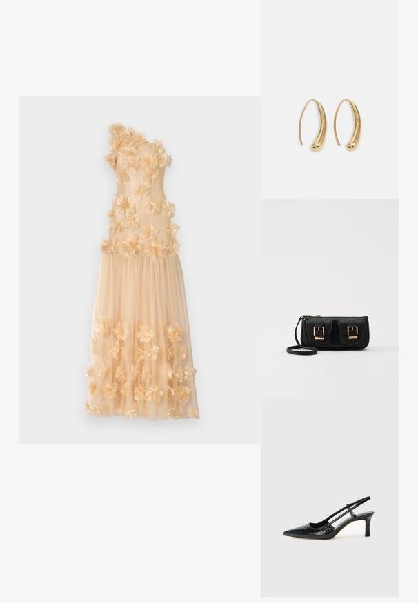 Ida Sjöstedt SERENITY GOWN - Ballkleid - beige; Schwarze Lack-Slingback-Pumps mit spitzem Zehenbereich, versehen mit strukturiertem Schlangenprint, verstellbarem Riemen und einem kurzen, strukturierten Blockabsatz.; Schwarze Leder-Umhängetasche mit zwei vorderen Taschen, goldenen Schnallen, Reißverschluss und einem schmalen Tragegurt. Texturierte Oberfläche und kompakte rechteckige Form.; Goldfarbene Metall-Hoops mit einer geschwungenen, länglichen Form. Sie verfügen über eine glatte, glänzende Oberfläche und eine abgerundete Spitze für zusätzliche Details.