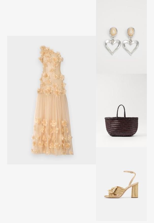 Ida Sjöstedt SERENITY GOWN - Ballkleid - beige; Goldene Sandalen mit Absatz und geknoteter Vorderseite,„plissierter“ Textur und Knöchelriemen. Der Blockabsatz hat ein gerippte Design, das den Halt verbessert.; DRAGON DIFFUSION BAMBOO TRIPLE JUMP SMALL - Handtasche - dark brown; Silberne, herzförmige Ohrringe mit glatter Oberfläche. Jedes Paar verfügt über einen strukturierten, beigen ovalen Steg. Elegantes und leichtes Design.