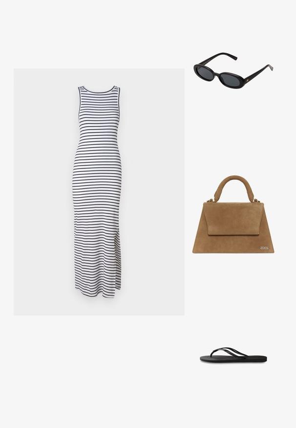 Svītrains maksi kleita melnā un baltā krāsā, bez piedurknēm, pieguļošs siluets ar sānu izgriezumiem kustībai, izgatavota no elastīga auduma.; Melni čības ar teksturētu gumijas zoli, divām plānām siksniņām un smalku, iespiedotu logotipa detaļu uz siksniņas.; Melnu pārspīlēto saulesbrilles ar ovālām lēcām, gludu plastmasas rāmja un zelta akcentiem uz tempļiem. Tumšie lēcas nodrošina saules aizsardzību.; Brūns zamšs rokassomu ar strukturētu trīsstūra formu, augšējo rokturi un atloku. Iezīmējas ar diskrētu logo detaļu sānos.