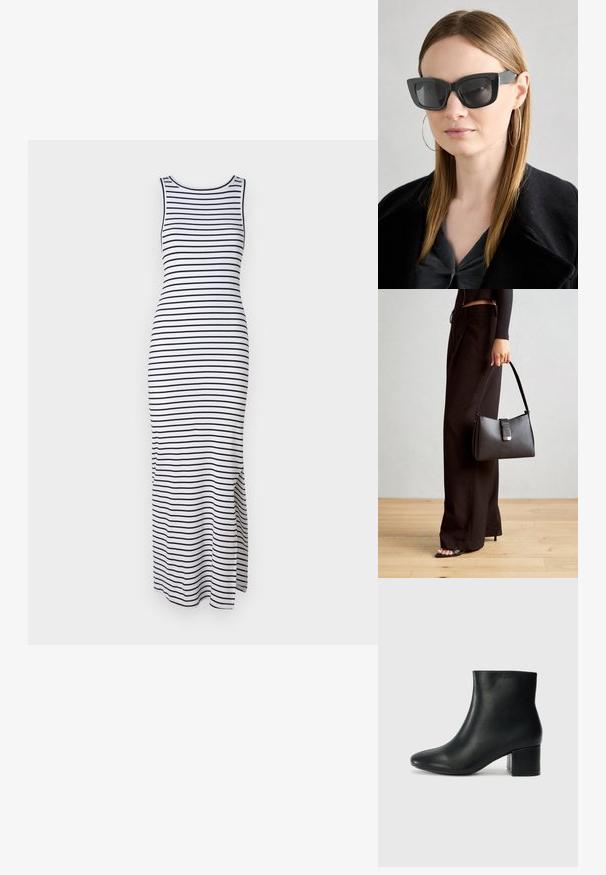 Průhledné maxi šaty v bílé a černé barvě, bez rukávů, přiléhavého střihu, s bočními rozparky pro snadný pohyb, vyrobené z pružné tkaniny.; Černé kožené kotníkové boty s špičatou špičkou a robustním podpatkem. Hladký povrch s minimálními akcenty a elegantním, přiléhavým designem.; Černé sluneční brýle ve stylu kočičího oka s tmavými skly, silnými rámy a jemnými detaily. Nosené s černým kabátem a šedým topem, s dlouhými rovnými vlasy.; Černá kabelka se strukturovaným tvarem, hladkým povrchem a kovovým uzávěrem. Kombinována s širokými černými kalhotami a sandály s otevřenou špičkou na dřevěné podlaze.
