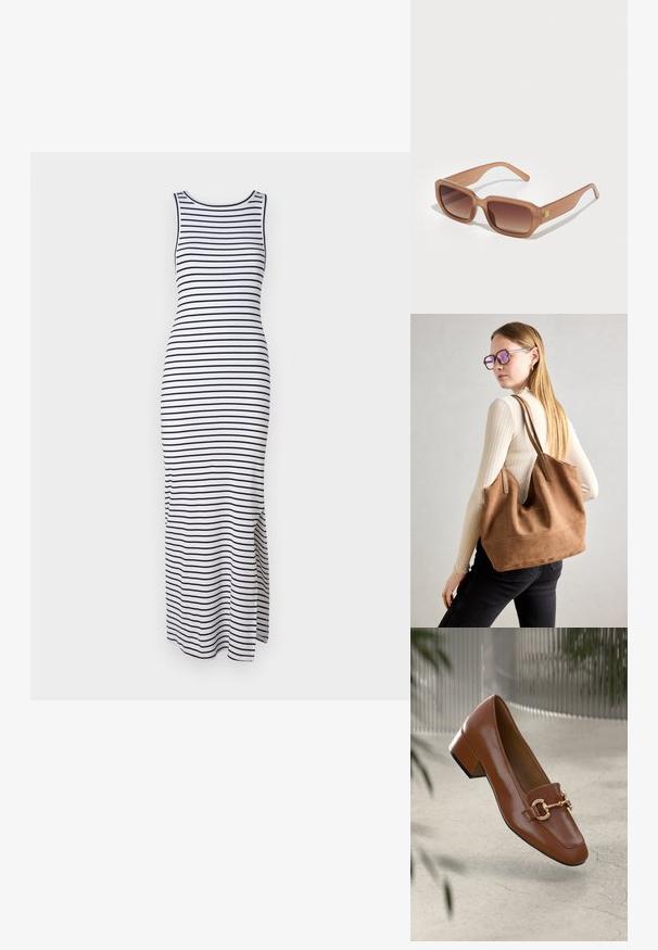 Valkoinen ja musta raidallinen maksimekko, ilman hihoja, istuva malli, jossa on sivuaukot liikkumista varten, valmistettu venyvästä kankaasta.; Ruskea kiiltävä nahkaloaferi neliönmuotoisella varpaalla, metalliketjuaktsentilla ja matalalla tukijalalla; sileä rakenne, minimalistinen muotoilu.; Ruske su rectangularne sunčane naočale s gradijentnim staklima, debelim okvirom i logotipom sa strane. Glatki plastični materijal, minimalistički dizajn.; Ruskea nubukkivuoriolaukku, jossa on pehmeä rakenne, tilava avaus ja pitkät hihnat. Ominaisuuksiin kuuluu yksinkertainen muotoilu näkyvine ompeleineen ja ilman metalliosia.; Hopeinen kaksinkertainen rengas, jossa on sileä, kiillotettu pinta. Siinä on sulava, kaareva muotoilu, jossa on päällekkäisiä osia modernin ilmeen saavuttamiseksi.
