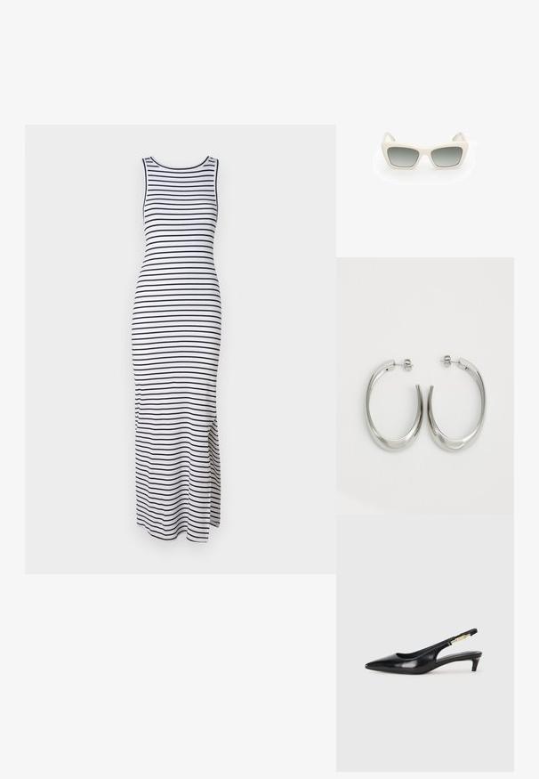 Sukienka maxi w biało-czarne paski, bez rękawów, dopasowana, z bocznymi rozcięciami dla swobody ruchu, wykonana z elastycznego materiału.; Czarne skórzane szpilki typu slingback z ostrym noskiem, posiadające smukły obcas i złoty akcent na regulowanym pasku. Gładka tekstura.; Okulary przeciwsłoneczne w kocim kształcie, z białą plastikową oprawką, szarymi gradientowymi soczewkami i cienkimi zausznikami z delikatnym detalem brandingowym.; Srebrne kolczyki-hoop o gładkim, zakrzywionym designie. Posiadają błyszczące metaliczne wykończenie i zapięcie na sztyft. Brak widocznych wzorów lub akcentów.