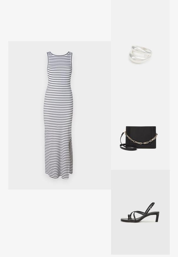 Črtasta maxi obleka v beli in črni barvi, brez rokavov, prilega se telesu, z bočnimi razporki za svobodno gibanje, narejena iz raztegljivega materiala.; Črne natikače s trakovi in kvadratnim prstom ter nizkim blokastim peto. Imajo več tankih trakov in nastavljiv trak okoli gležnja. Narejene so iz gladkega usnja.; Črna usnjena torba čez ramo z gladko teksturo, pravokotno obliko in kovinskim verižnim detajlom spredaj. Vključena je nastavljiva naramnica.; Srebrn dvojni prstan z gladko, polirano površino. Ima tekoč, ukrivljen dizajn z prekrivajočimi se sekcijami za sodoben videz.