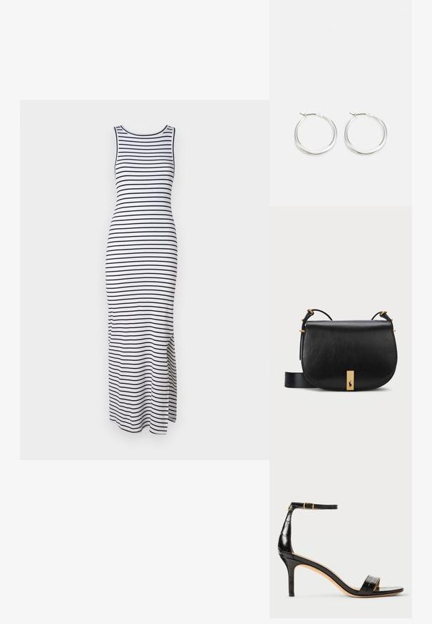 Csíkos maxi ruha fehér és fekete színben, ujjatlan dizájn, testhezálló forma, oldalsó részekkel a mozgásért, rugalmas anyagból készült.; Fekete lakkbőr magassarkú szandál boka pánttal, hegyes orral és textúrázott krokodil mintával. Arany hardver dísz a csaton.; Fekete bőr keresztpántos táska arany tónusú fém kiegészítővel és állítható pánttal, sima textúrával és ívelt formával.; A ezüst karika fülbevalók sima, lekerekített formájúak, vékony profilúak és biztonságos zárással rendelkeznek. Minimalista stílus, fényes befejezéssel.