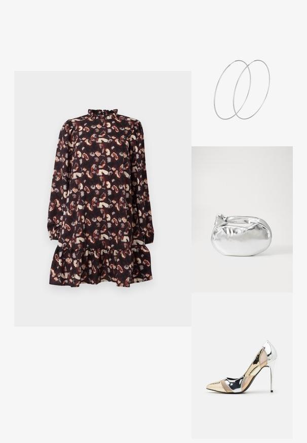 Črna obleka z visokim nabranim ovratnikom, dolgimi rokavi in večplastnim robom. Ima zabaven potisk bež in rjavih oblik na temnem ozadju.; Čevlji z visoko peto in konico, v barvni kombinaciji srebrne, zlate in nude. Sijajna obdelava z izrezljanim dizajnom, z igličasto peto.; Srebrna kovinska torbica z mehko, zaobljeno obliko in zavezano zgornjo zaporo. Narejena iz gladkega umetnega usnja.; Srebrne uhane v obliki obroča z minimalističnim dizajnom. Krožna oblika, gladka tekstura in tanek profil. Lahki s poliranim zaključkom.