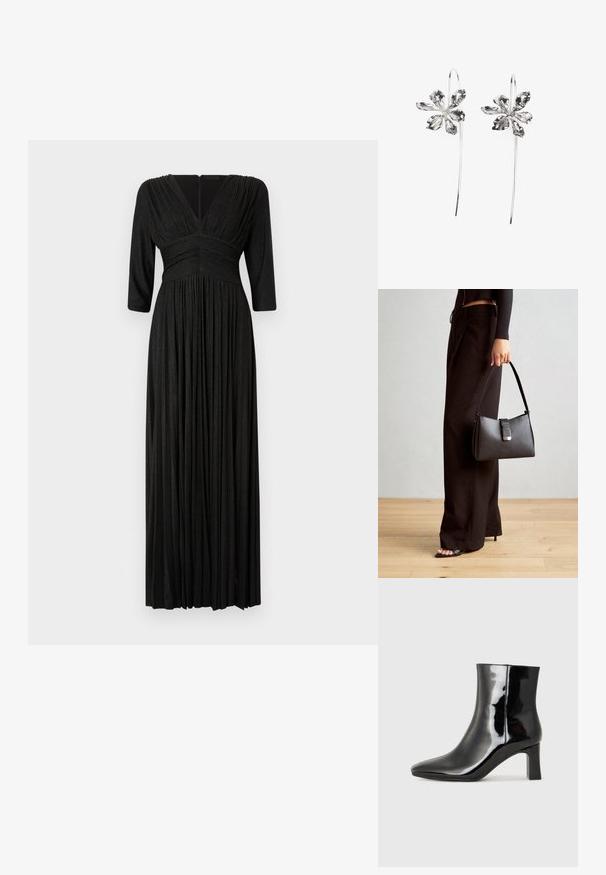 Černé večerní šaty s výstřihem do V, skládáním, rukávy ¾ délky a přiléhavým korzetem, který přechází do splývavé sukně. Zip na zadní straně.; Černé lakované kotníkové boty s špičatou špičkou a středně vysokým blokovým podpatkem. Hladká textura a minimalistický design.; Černá kabelka se strukturovaným tvarem, hladkým povrchem a kovovým uzávěrem. Kombinována s širokými černými kalhotami a sandály s otevřenou špičkou na dřevěné podlaze.; Stříbrné naušnice ve tvaru květiny s texturovaným povrchem, které mají dlouhé háčky a detaily v podobě okvětních lístků pro složitý design.