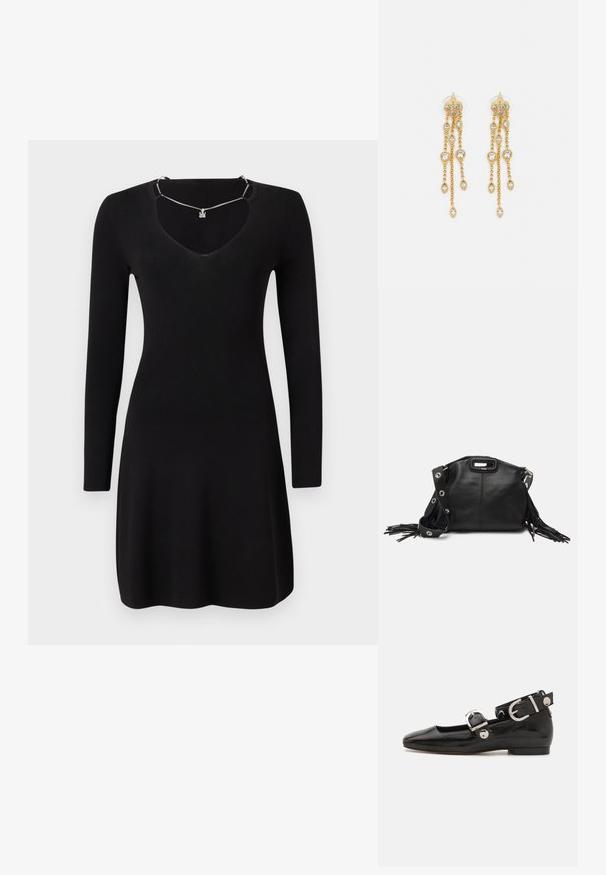 Melnas ilgajām piedurknēm kleita, izgatavota no ribota auduma, ar dziļu V-veida kaklu un nedaudz paplatinātu apakšmalu. Iekļauta sudraba kaklarota.; Melnas laika patenta ādas dzīvokļu kurpes ar kvadrātu purngalu, potītes siksna ar sudraba furnitūru un platu zoli. Gluda tekstūra ar minimālu dizainu.; Maje MISS MINI - Plecu soma - noir; Zelta tonī auskari ar vairākiem kaskādes ķēdēm, kas rotāti ar caurspīdīgiem ovāliem rhinestone akcentiem un dekoratīvām pīrsingiem.