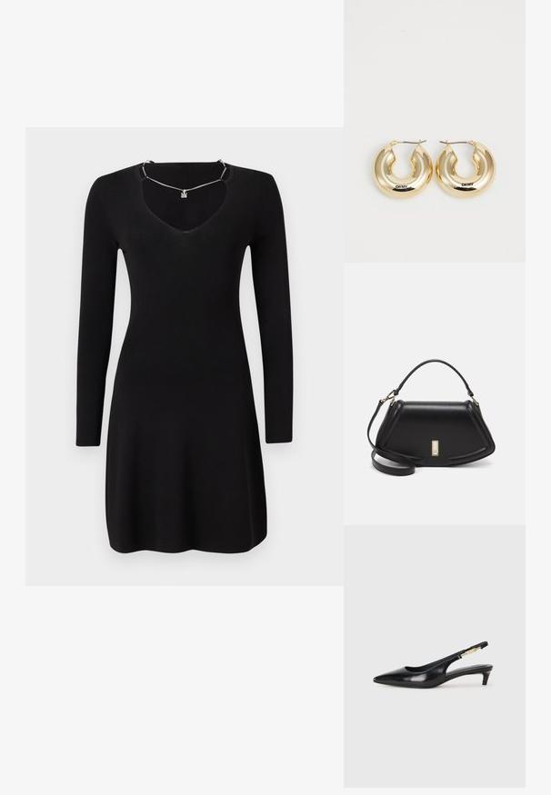 Robe noire à manches longues en tissu côtelé, dotée d'un décolleté en V profond et d'un ourlet légèrement évasé. Comprend un détail de collier en argent.; Talons hauts en cuir noir avec un bout pointu, dotés d'un talon fin et d'un accent en ton or sur la lanière réglable. Texture lisse.; Sac à main en cuir noir avec un design structuré, featuring une forme cropped, une poignée supérieure et des accents en matériel doré. Bandoulière réglable incluse.; Boucles d'oreilles créoles en or avec un design lisse et arrondi et une finition brillante, dotées d'un fermoir pour un maintien en sécurité. Gravées avec "DKNY."