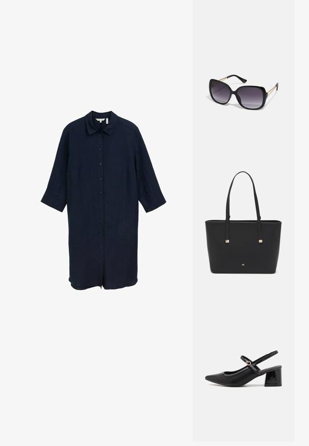 Navyblaues Leinenhemdkleid mit Kragen, durchgehender Knopfleiste und drei Viertelärmeln. Es hat einen lockeren Schnitt und einen geraden Saum.; Schwarze Lackleder-Slingback-Absätze mit spitzer Zehenform, einem runden Ausschnitt-Design und einem Blockabsatz. Mit einem goldfarbenen Schnallenakzent.; Schwarze übergroße Sonnenbrille mit getönten Gläsern, dicken Rahmen und goldfarbener Kettendetaillierung an den Bügeln.; Schwarze Tragetasche aus synthetischem Material, mit einfachem rechteckigem Design, goldenen quadratischen Akzenten und doppelten Griffen.