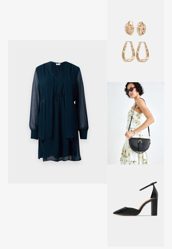 Sötétkék, hosszú ujjú ruha áttetsző ujjakkal, V-nyakú, behúzott derékkal és elülső, hozzá csatolt hosszú sálnyakkal.; Fekete bőr magas sarkú cipő bokapánttal, hegyes orral és négyzet alakú, tömzsi fallal. Simás textúra minimalista dizájnnal.; Fekete bőrtáska ívelt formával, levehető pánttal és arany színű fémrészekkel. A táskán egy csattal díszített fedél található.; Aranyszínű fülbevalók, texturált, hullámos formákkal. Tartalmazza a szobrászati klipszes studokat és az open hoop kialakítást, kalapácsos felülettel.