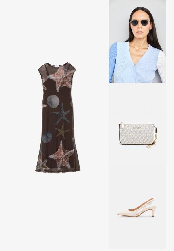 Barna maxi ruha áttetsző anyagból, világoskék és korall színű tengeri csillag és tengeri sün mintákkal, kerek nyakkivágással és ujjatlan fazonnal.; Fehér slingback sarok, hegyes orral, sima felső anyaggal, alacsony blokk sarkával és oldalsó kivágott dizájnnal, állítható csatpánttal.; Kerek napszemüveg sötét lencsékkel és arany kerettel. A modellen világoskék, bordázott kardigán van gombokkal és kontrasztos fehér ujjaival.; Michael Kors bézs bevonatos vászon karkötő, amely ismétlődő MK logó mintával, aranyszínű fémrészletekkel és levehető lánchordóval rendelkezik.