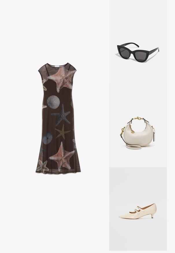 Barna maxi ruha áttetsző anyagból, világoskék és korall színű tengeri csillag és tengeri sün mintákkal, kerek nyakkivágással és ujjatlan fazonnal.; Beige lakkbőr Mary Jane cipők két állítható csattal, hegyes orral és alacsony sarkal. Simás textúrájú, fényes felülettel.; Fekete macskaszem napszemüveg matt felülettel, szürke árnyalatú lencsékkel, éles vonalakkal és karcsú oldalsó karokkal. A márkaneve látható a belső karon.; Krém bőr kézitáska hónalj formájú, arany hardware-rel, fekete kiegészítőkkel és levehető pánttal. Lánc részlet és címke jellemzi.; Aranyszínű fülbevaló szett, amely három pár fülbevalót tartalmaz: textúrált ovális stúdiókat, hullámos dizájnnal készült stúdiókat, és nagy, rétegezett bordázatú karikafülbevalókat.