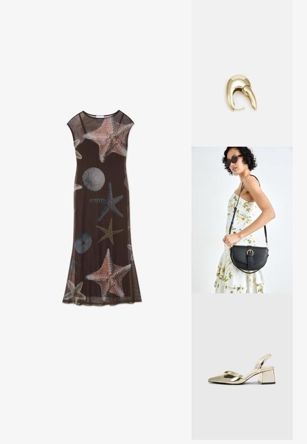 Brun maxikjole lavet af et gennemsigtigt stof med mønstre af søstjerner og søpindsvin i lyseblå og koral, rund halsudskæring og korte ærmer.; Guld, metalliske slingback-hæle med spids tå og kraftig hæl. Glat tekstur, minimalistisk design og en smal strop.; Sort læderhåndtaske med en buet form, aftagelig rem og guldfinish. Tasken har en klap med en spænde detalje.; Guldtonet metal ørering med et slankt, buet design. Har en karakteristisk spids form, poleret overflade og hængselåbning.