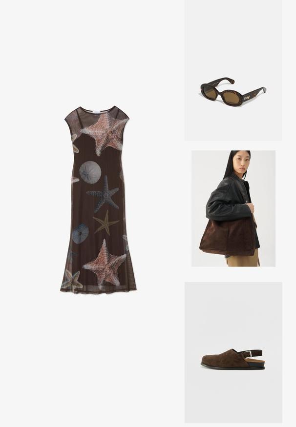 Rochie maxi maro, dintr-un material transparent, cu modele de stele de mare și arici de mare în nuanțe de albastru deschis și corai, decolteu rotund și mâneci scurte.; Pantofii din suede maro, slip-on, cu un toc mic, o curea ajustabilă cu o cataramă argintie și o talpă din cauciuc negru.; Ochelari de soare cu rame ovale din material țestoasă, cu lentile de culoare brună și branding "Chloé" pe braț. Material din plastic neted cu finisaj lucios.; Geantă de umăr din suede maro, cu o formă largă și o textură moale, având o singură curea și hardware minim pe un fundal neutru.