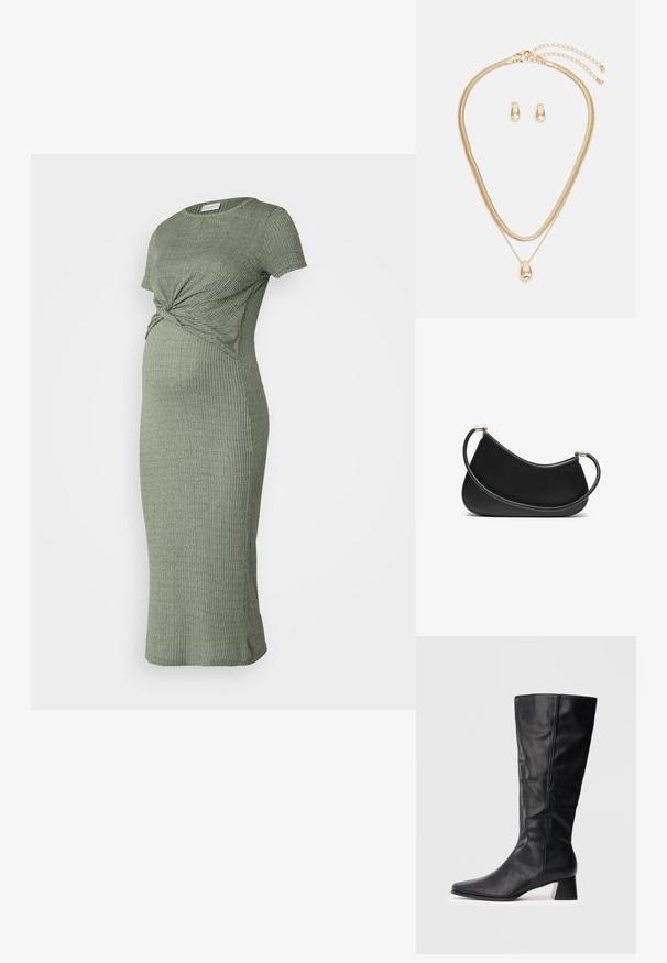 Ribbade stickade mammaklänning i olivgrön med tvistet framdetalj, korta ärmar, figursydd silhuett och midilengd.; Svart läderstövel till mitten av vaden med spetsig tå och klack i blockform, mot en enkel ljus bakgrund.; Svart läder axelväska med en böjd design, utrustad med ett texturerat band och detaljer i guldton vid den övre stängningen. Slät yta.; Guld smycken set som innehåller ett lager av halsband med en tårformad berlock och matchande örhängen i form av stift, allt i en polerad finish.