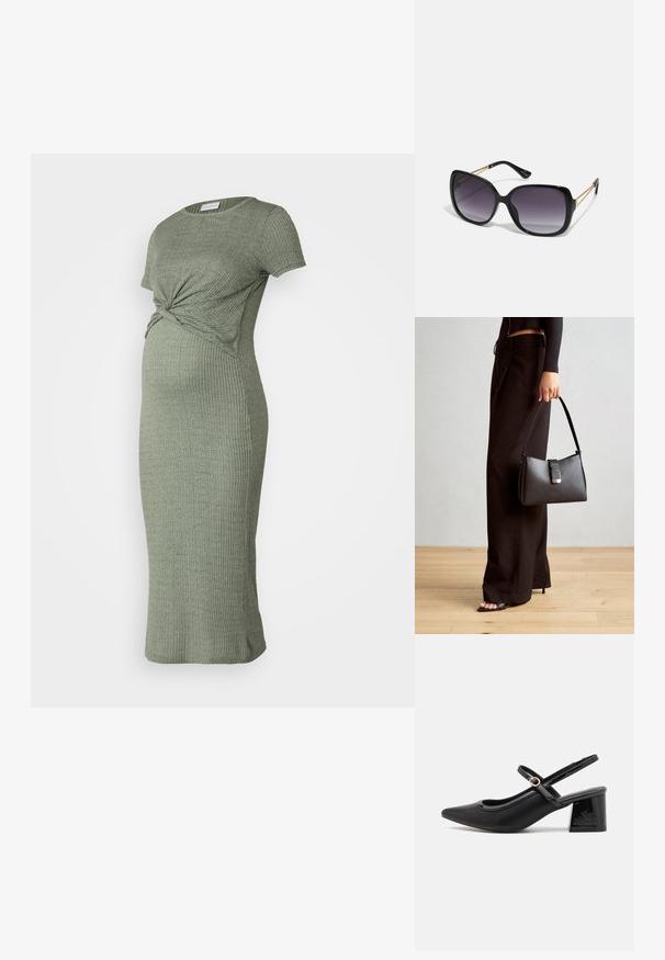 Φόρεμα εγκυμοσύνης από ribbed πλέξη σε ελαιόλαδο πράσινο, με λεπτομέρεια απόστραψε μπροστά, κοντά μανίκια, εφαρμοστή σιλουέτα και μήκος midi.; Μαύρα παπούτσια γοβάκια από πατενταρισμένο δέρμα με γωνιαστό μπροστινό μέρος, στρογγυλή κοπή και τετράγωνο τακούνι. Διαθέτουν μια χρυσή αγκράφα ως διακοσμητικό στοιχείο.; Μαύρα υπερμεγέθη γυαλιά ηλίου με κλειστή βαθμίδα φακού, παχιά σκελέτη και λεπτομέρειες από χρυσή αλυσίδα στις βραχίονες του σκελετού.; Μαύρη τσάντα χειρός με δομημένο σχήμα, λεία υφή και μεταλλικό κούμπωμα. Συνδυασμένη με φαρδιά μαύρα παντελόνια και σανδάλια ανοιχτής μύτης πάνω σε ξύλινο πάτωμα.