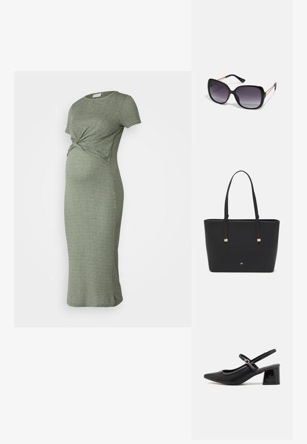 Ribakootud raseduskleit oliivroheline, koos keeratud esidetailiga, lühikeste varrukatega, napa siluetiga ja midi pikkusega.; Mustad läikivad nahast slingback-kõrged kontsad, millel on terav nina, ümar lõikekujundus ja blokknina. Omab kuldset nupu aktsenti.; Mustad ümarad päikeseglaasid, millel on gradient objektiivid, paksud raamid ja kuldse tooni kettaga kaunistused tempelitel.; Must musträkk, mis on valmistatud sünteetilisest materjalist, lihtsa ristkülikukujulise disainiga, kuldsete ruudukujuliste rõhutustega ja kahe käepidemega.