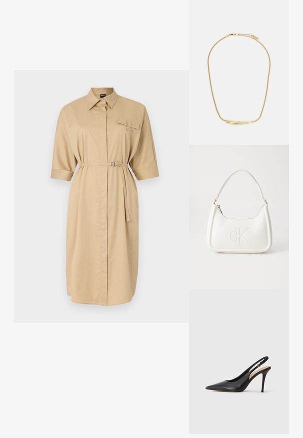 Rochie bej din cămașă cu guler, mâneci scurte suflecate, un buzunar frontal și talie cu curea. Material neted cu o croială lejeră.; Pantofii cu toc înalt din piele neagră, cu vârf ascuțit, textură netedă și o curea delicată cu o cataramă metalică.; Geantă de umăr din piele albă cu formă curbată, având un logo "CK" embosat pe partea din față și un singur braț de umăr. Închidere cu fermoar în partea de sus.; Colier placat cu aur, cu un accent central neted și curbat. Dispune de o chaină flexibilă cu un închizător tip homar și link-uri suplimentare ajustabile.