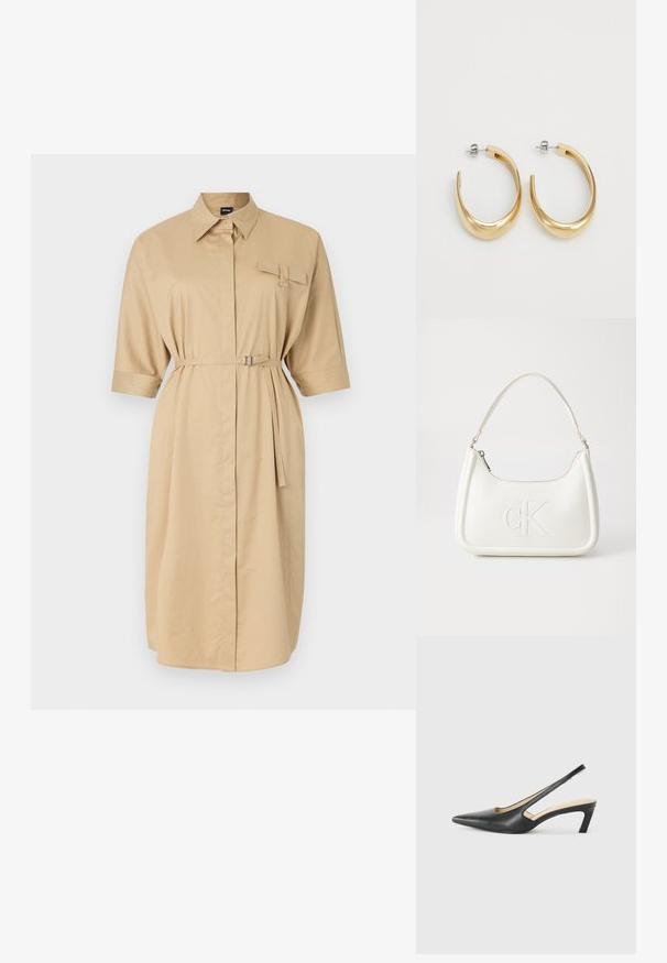 Beež kleit, millel on kaelus, lühikesed rullitud varrukad, ees tasku ja vöödiga talje. Sile kangas, millel on mugav lõige.; Must mustaga, terav varvas, madala kontsaga sildiga king, mis on valmistatud siledast nahast ja mille küljel on lõike disain hingavuse tagamiseks.; Valge nahast käekott, millel on kumer kuju, esiküljel on reljeefne "CK" logo ja üks õlavarre rihm. Ülemine tõmblukkuu.; Kuldse tooniga kõrvarõngad, millel on sile ja kaarjas disain. Valmistatud metallist, omavad nad stiilset viimistlust ja kinnitust tagaküljelt.