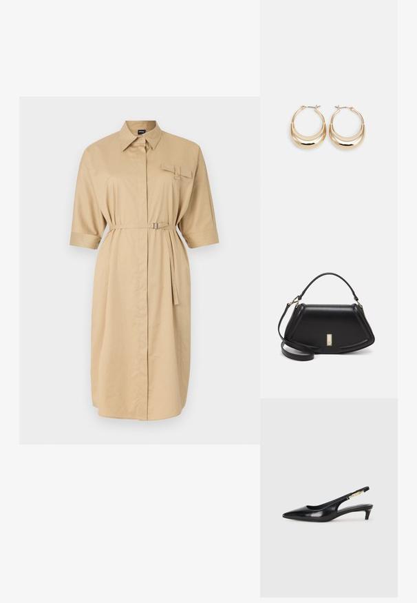 Šviesiai ruda marškinių suknelė su apykaklės iškirpte, trumpomis suvertomis rankovėmis, priekine kišene ir diržu liemeniui. Lygus audinys su laisvu siluetu.; Juodas odinis pavasario batelių modelis su smailiu nosiu, turintis siaurą kulniuką ir auksinės spalvos akcentu reguliuojamoje juostoje. Lygi tekstūra.; Juoda odinė rankinė su struktūrizuotu dizainu, turi trumpą formą, viršutinę rankeną ir auksinius akcentus. Pridėtas reguliuojamas peties diržas.; Auksinės tonacijos auskarai su mėnulio forma, lygus paviršius ir sklendės uždarymas. Lygus tekstūra ir atspindintis finis padidina matomumą.