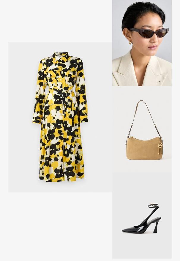 Haljina dugih rukava u žutoj, bijeloj i crnoj cvjetnoj vzoru. Ima kopčanje na gumbe sprijeda, ovratnik, dva džepa na prsima i remen u struku.; Crne lakirane slingback cipele s visokom potpeticom, u obliku špice, s podesivim remenom oko gležnja i umjerenom blok-potpeticom. Glatka tekstura s sjajnim završetkom.; Smeđe naočale u obliku mačjih očiju s tamnim lećama, s debelim okvirima i glatkom teksturom, u kombinaciji s bež blejzerom i zlatnim prstenastim naušnicama.; Tamnasta kožna torba s ravnim oblikom, zlatnim detaljima i zatvaranjem na patentni zatvarač. Ima privjesak s inicijalima "MK."