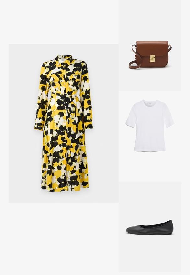 Dzeltena, balta un melna ziedu raksta kleita ar garām piedurknēm. Iekļauj pogu aizdari priekšpusē, apkakli, divas krūšu kabatas un jostu jostasvietā.; Balta īsām piedurknēm T-krekls, izgatavots no ribota auduma. Apaļš izgriezums, regulāra piegriezuma un diskrēti šuvumu detaļas. Bez printiem vai grafikām.; Melna ādas baleta kurpe ar noapaļotu purngalu, gludu tekstūru, minimālu šuvju detalizāciju un elastīgu zoles dizainu.; Bordo ādas rokas soma ar atloku, zeltītām detaļām, plecu siksnu un gludu virsmu. Kompakta, taisnstūrveida forma.