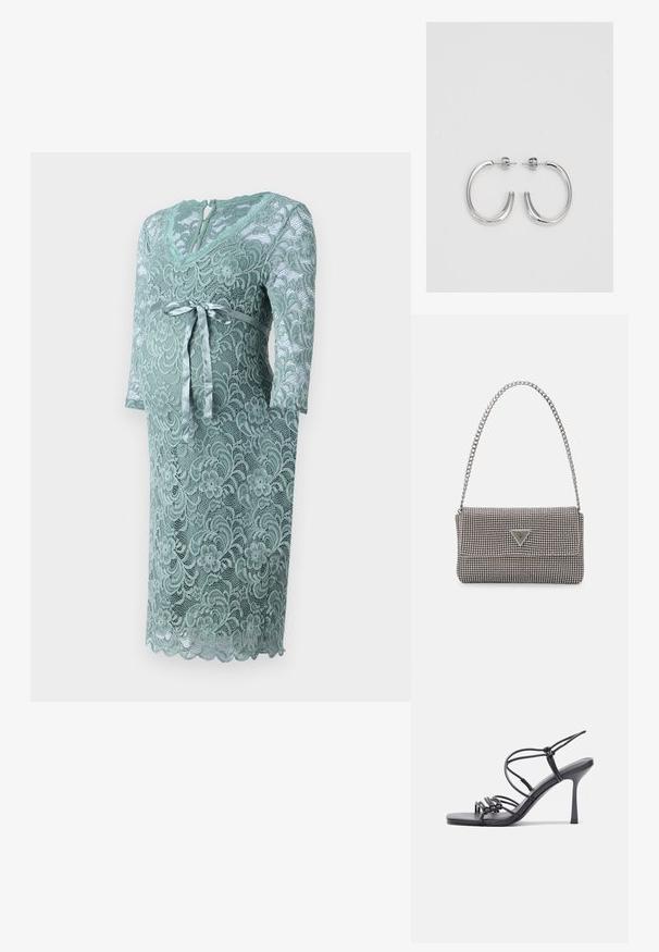 Μαμά κομμάτι κεντημένο φόρεμα σε μαλακό μέντα χρώμα. Διαθέτει V-λαιμόκοψη, τρία τέταρτα μανίκια, ζώνη από σατέν με φιόγκο και λουλουδάτο κέντημα με κομψή φάσα.; Μαύρες ψηλοτάκουνες σανδάλες με λεπτές λωρίδες και σχέδιο με κόμπους, λείο τετράγωνο μπροστινό μέρος και κομψό τακούνι στιλέτο.; Ανοικτό γκρι μεταλλική τσάντα χειρός με αλυσίδα, διακοσμημένη με μικρούς κυκλικούς μεταλλικούς στύλους και ένα τριγωνικό λογότυπο της μάρκας.; Ασημένια σκουλαρίκια κρίκοι με λεία, λαμπερή φινίρισμα. Στρογγυλό σχήμα, ελαφρύ σχέδιο, με κλείσιμο τύπου πίσω.