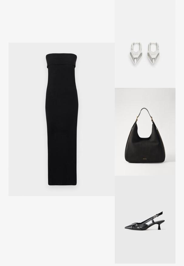 Melna, bezsānu, grīdas garuma kleita ar ciešu piegriezumu. Izgatavota no gludas auduma ar vienkrāsainu rakstu un bez redzamām detaļām vai rotājumiem.; Melnas ādas šlipsveida kurpes ar norādītu purngalu, dekoratīvām joslām ar metāla acīm un zemu bloku papēdi. Teksturēta virsma.; MICHAEL Michael Kors NOLITA HOBO - Rokassoma - black; Sudraba sirdī formas piekariņi ar iegravētiem "JĀ" un "NĒ" tekstiem, pulēta apdare, simetrisks dizains un izturīgs metāla aizdare.