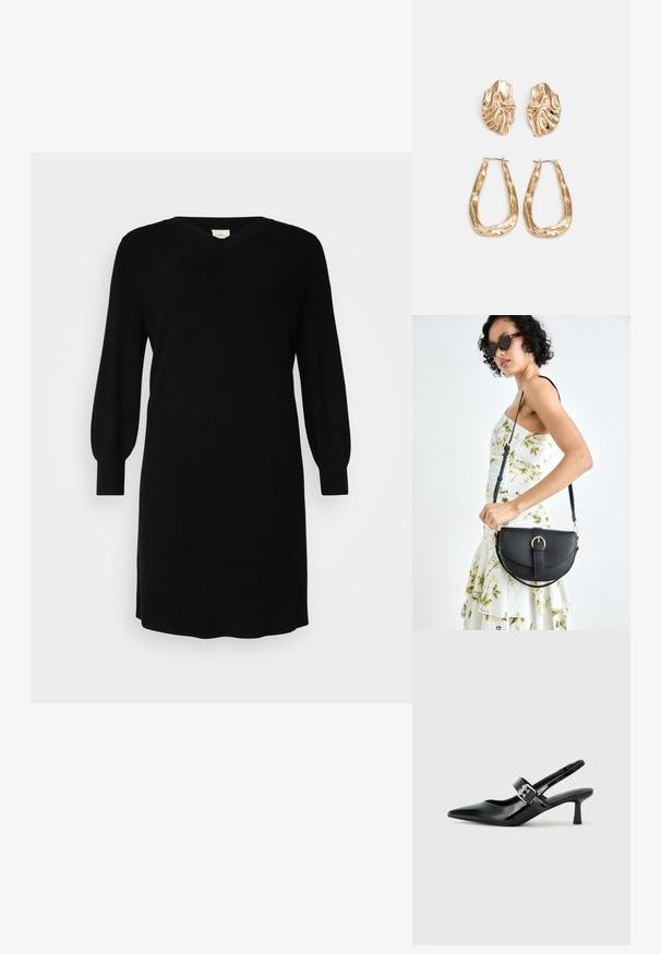 Svart strikket kjole med V-hals, lange ballongsleeves og ribbede mansjetter. Enkel design med rett snitt, kne-lengde falm.; Svarte patent lær slingback hæler med spiss tå og en liten blokkheel, med en sølvspenne som detalj på stroppen.; Svart lærveske med en buet form, avtagbar stropp og gullbeslag. Vesken har et klaff med spenne-detall.; Gullfargede øredobber med teksturerte, bølgete former. Inkluderer skulpturelle klipsstuds og åpen hoop-design med en hamret finish.